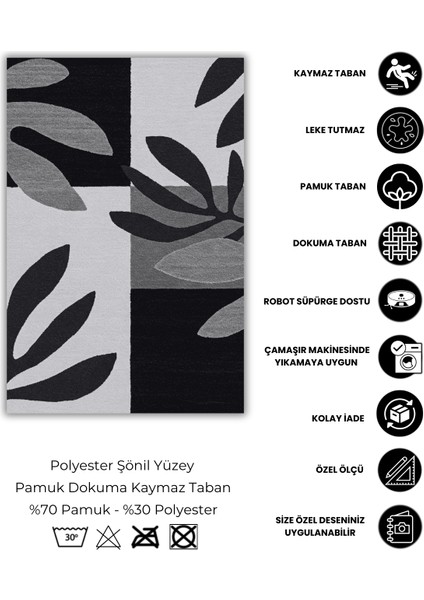 Yaprak Desenli Halı Siyah Beyaz Dekoratif Geometrik Desenli Halı Dokuma Tabanlı Kaymaz Dijital Baskı Mutfak Halısı