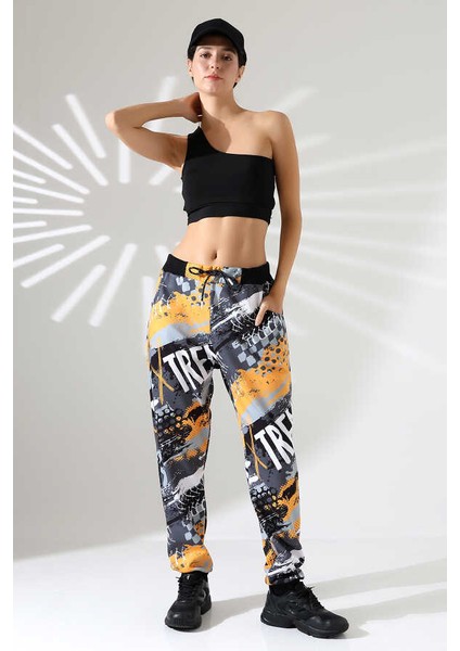 Kadın Karışık Desen Jogger Lastik Paça Sokak Stili Oversize Eşofman Altı Ms 1318