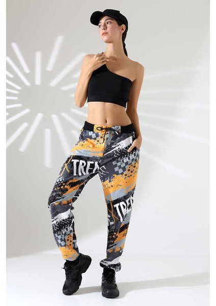 Kadın Karışık Desen Jogger Lastik Paça Sokak Stili Oversize Eşofman Altı Ms 1318