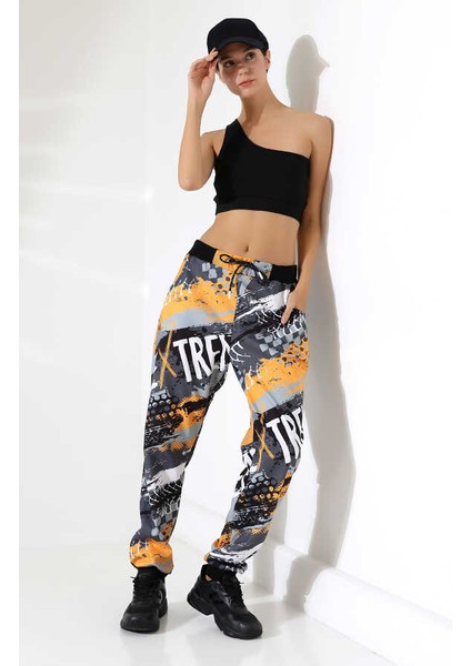 Kadın Karışık Desen Jogger Lastik Paça Sokak Stili Oversize Eşofman Altı Ms 1318
