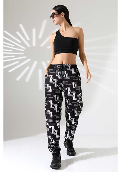 Kadın Karışık Desen Jogger Lastik Paça Sokak Stili Oversize Eşofman Altı Ms 1319