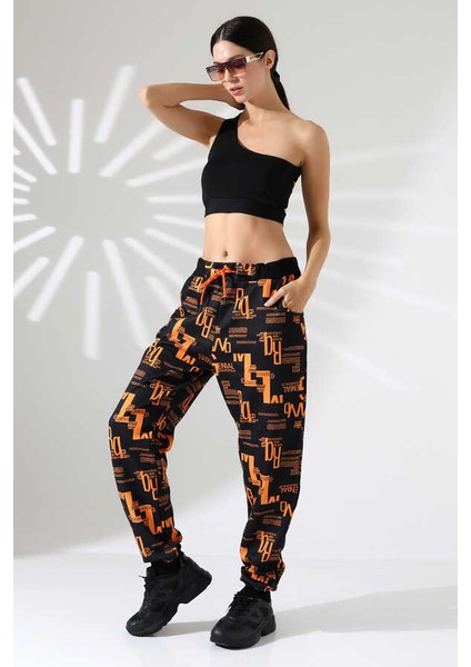 Kadın Karışık Desen Jogger Lastik Paça Sokak Stili Oversize Eşofman Altı Ms 1315