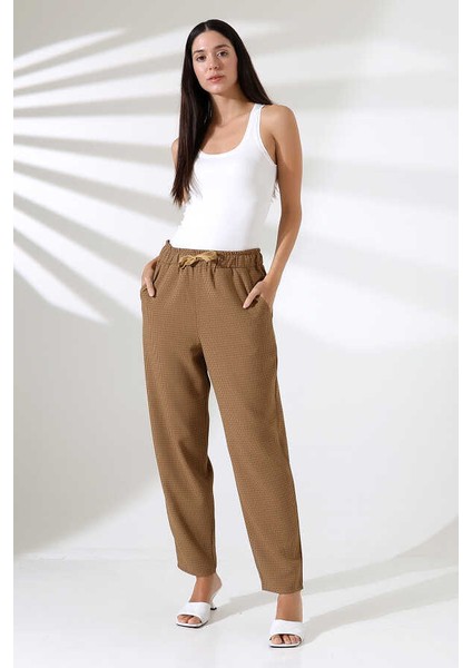 Kadın Kahve Çizgili Beli Lastikli Havuç Paça Klasik Pantolon Xn 8020 modelleri