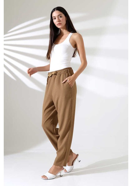 Kadın Kahve Çizgili Beli Lastikli Havuç Paça Klasik Pantolon Xn 8020 indirimleri