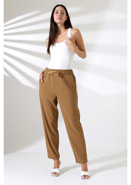 Kadın Kahve Beli Lastikli Havuç Paça Klasik Pantolon Xn 8018