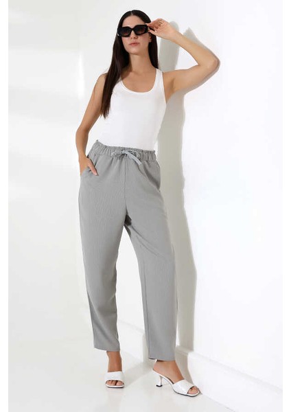 Kadın Gri Ince Çizgili Beli Lastikli Havuç Paça Klasik Pantolon Xn 8015 modelleri