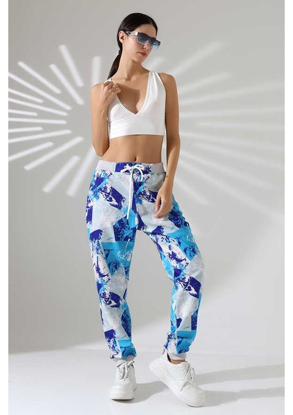 Kadın Karışık Desen Jogger Lastik Paça Sokak Stili Oversize Eşofman Altı Ms 1323