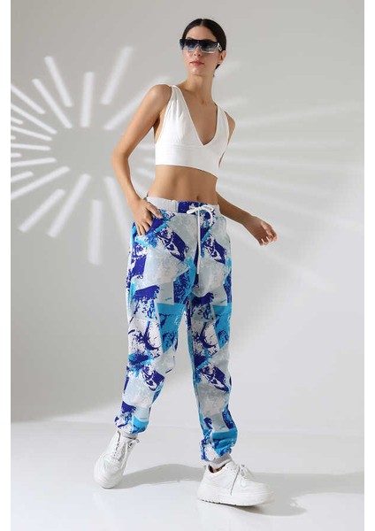 Kadın Karışık Desen Jogger Lastik Paça Sokak Stili Oversize Eşofman Altı Ms 1323 modelleri