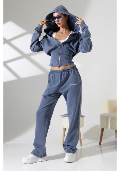 Kadın Soft Indigo Fermuarlı Kapüşonlu Eşofman Takımı Msc 221 fırsatları
