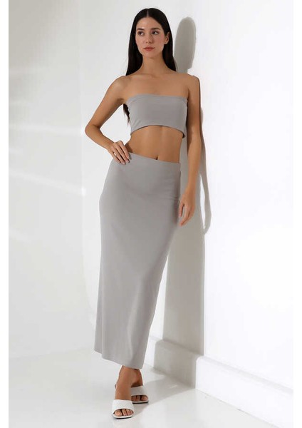 Kadın Açık Gri Crop Etek Takım Mcs 222
