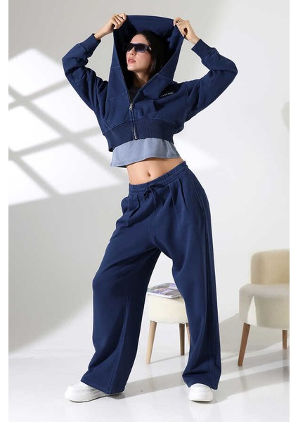 Kadın Soft Indigo Fermuarlı Kapüşonlu Eşofman Takımı Hl 0121