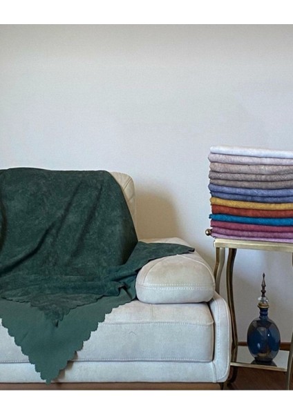 Haki Yeşil Nubuk Damarlı Çift Taraflı Şönil Çekyat Koltuk Örtüsü Şalı