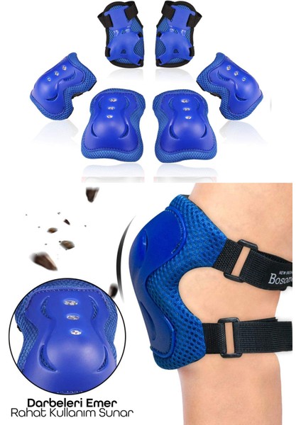 6'lı Yüksek Koruma 3-12 Yaş Paten Scooter Bisiklet Kaykay Diz Dirsek El Koruma Koruyucu Seti Mavi