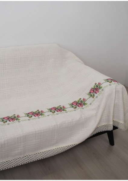 220 cm Kanaviçeli Çekyat Koltuk Örtüsü Kırmızı Kanaviçe Işlemeli Kaneviçeli Buldan Işi Kanepe Örtü.