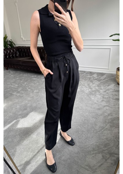 Beli Lastikli Bağlama Detay Pantolon- Siyah modelleri