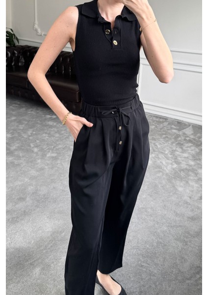 Beli Lastikli Bağlama Detay Pantolon- Siyah fırsatları