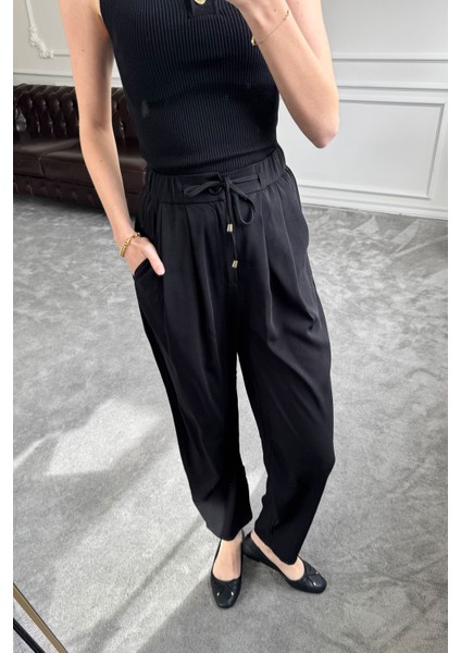 Beli Lastikli Bağlama Detay Pantolon- Siyah indirimleri