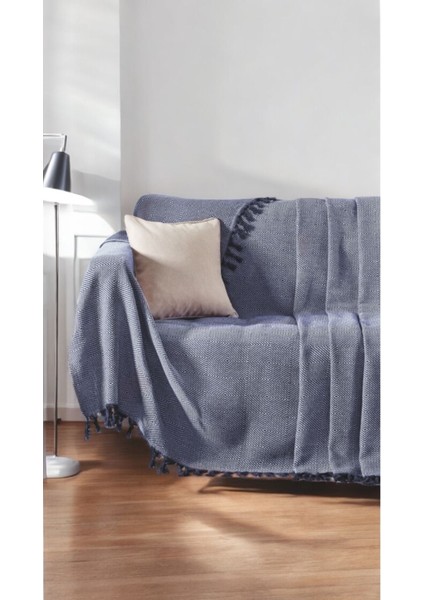Alin Lacivert Koltuk Örtüsü 170 x 210 cm Kanepe Çekyat Divan Örtüsü Şalı Pamuklu Püsküllü