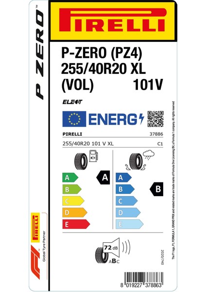 255/40 R20 101V Xl P-Zero (Pz4) (Vol) Elt Oto Yaz Lastiği (Üretim: 2024)
