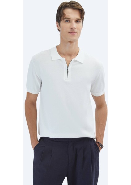 Kırık Beyaz Polo Yaka Düz Örgü Triko