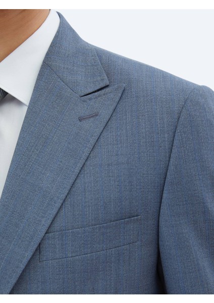 Mavi Çizgili Modern Fit Yün Karışımlı Takım Elbise