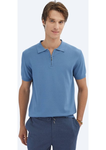Havacı Mavi Polo Yaka Düz Örgü Triko