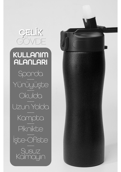 Komple Paslanmaz Çelik Matara Pipetli Mat Renk Spor Matarası Suluğu 304 Çelik Suluk Siyah 1158
