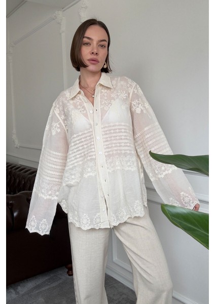 Oversize Nakışlı Gömlek- Bej