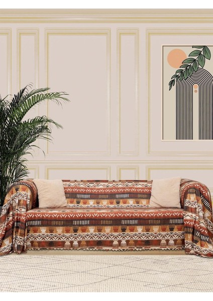 Softmicro Etnik Desenli Boho 180X220 cm Koltuk Örtüsü Şalı, Kanepe Örtüsü, Tv Battaniyesi Toprak