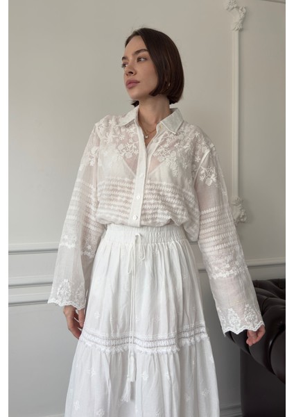 Oversize Nakışlı Gömlek- Beyaz