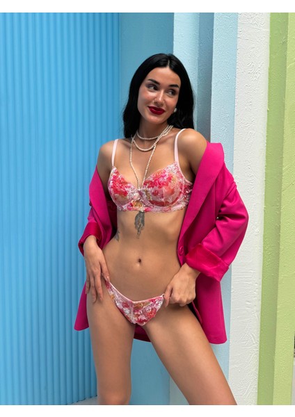 Kapsız Baskılı Pembe Brode Takım