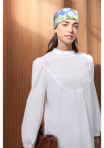 Beyaz-Fisto Garnili Kolu Lastikli Poplin Tunik