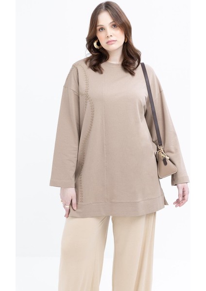 Vizon-Nakışlı Bisiklet Yaka Likralı Büyük Beden Tunik