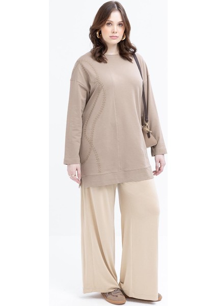 Vizon-Nakışlı Bisiklet Yaka Likralı Büyük Beden Tunik fiyatları