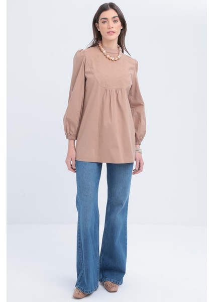 Vizon-Fisto Garnili Kolu Lastikli Poplin Tunik