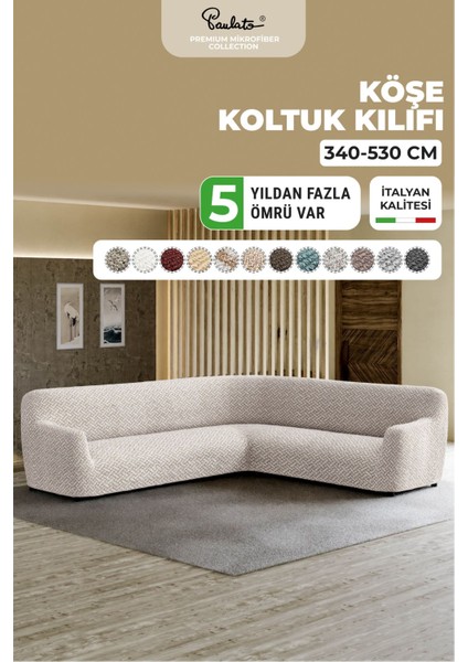 Lastikli Esnek ve Yıkanabilir L Köşe Koltuk Örtüsü Çekyat Kanepe Kılıfı - Desenli Bej