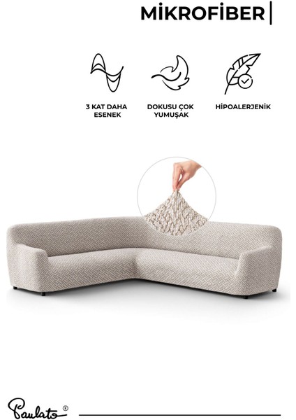 Lastikli Esnek ve Yıkanabilir L Köşe Koltuk Örtüsü Çekyat Kanepe Kılıfı - Desenli Bej modelleri