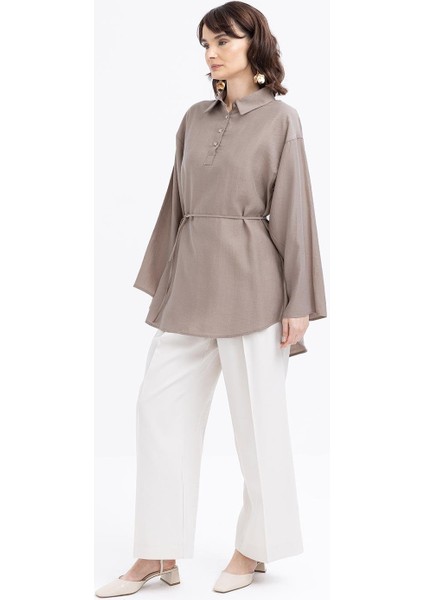 Vizon-Yarım Patlı Beli Bağcıklı Tunik