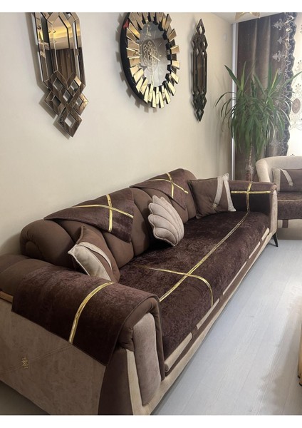 Yeni Moda Lüks Kadife Süngelri Koltuk Çekyat Örtüsü (12PARÇE Takım 3,3,1,1) Kahverengi Rengi