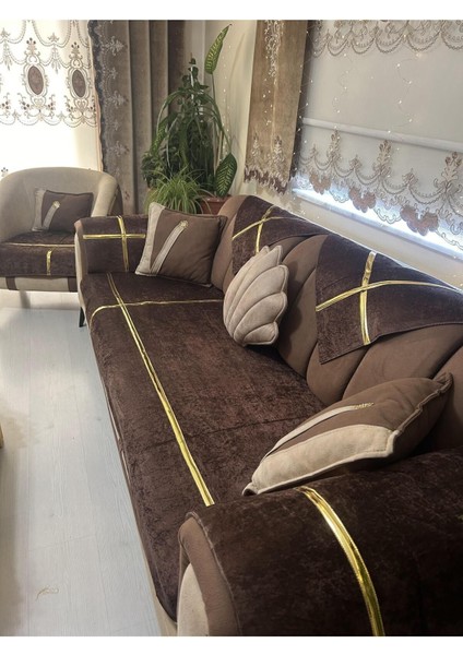 Yeni Moda Lüks Kadife Süngelri Koltuk Çekyat Örtüsü (12PARÇE Takım 3,3,1,1) Kahverengi Rengi fiyatları