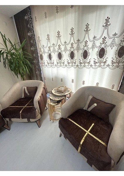 Yeni Moda Lüks Kadife Süngelri Koltuk Çekyat Örtüsü (12PARÇE Takım 3,3,1,1) Kahverengi Rengi modelleri