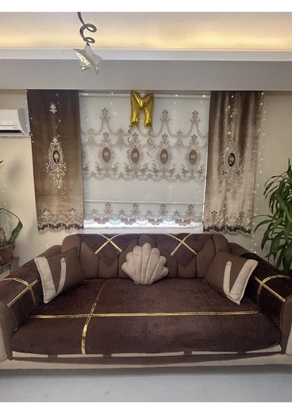 Yeni Moda Lüks Kadife Süngelri Koltuk Çekyat Örtüsü (12PARÇE Takım 3,3,1,1) Kahverengi Rengi fırsatları