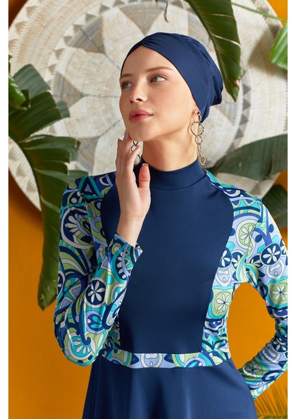 Likralı Tam Kapalı Tesettür Mayo Desen Detaylı 3118 Koyu Lacivert