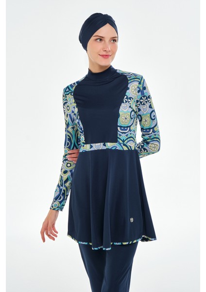 Likralı Tam Kapalı Tesettür Mayo Desen Detaylı 3118 Koyu Lacivert modelleri