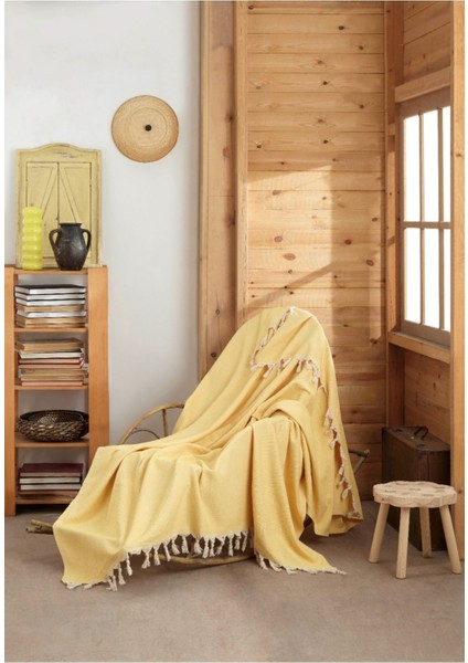 Sarı Pamuklu Tekli Koltuk ve Berjer Örtüsü - Tv Battaniyesi Throw- Line- 120*150 Cm. Saçakları Bağl
