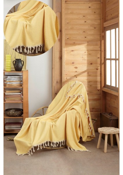 Sarı Pamuklu Tekli Koltuk ve Berjer Örtüsü - Tv Battaniyesi Throw- Line- 120*150 Cm. Saçakları Bağl fiyatları