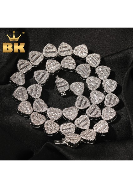 Blıng Kral 12MM Baguettecz Kalp Kolye Tam Kaplamalı Out Kübik Zirkonya Link Zinciri Lüks Takı Nişan Hediye Kadınlar Için (Yurt Dışından)