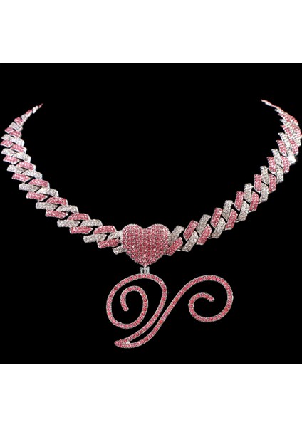 Hip Hop Bling Pembe El Yazısı Ilk Harf Küba Kolye Kadınlar Için Buzlu Outlanı Küba Kolye Gerdanlık Takı (Yurt Dışından)