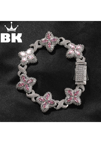 The Blıng Kıng Buzlu Çiçek Renkli Bilezik Kadınlar Için 19MM Genişlik Pembe Zirkonyum Yonca Sonsuzluk Bağlantı Zinciri Güzel Takı (Yurt Dışından) fiyatları
