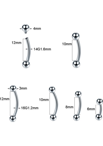 10 Adet G23 Titanyum Kaş Muz Piercing Iç Dişli ve Dış Dişli Kavisli Barbell Dudak Halkası Rahat Daith Helix Rook Küpe (Yurt Dışından)